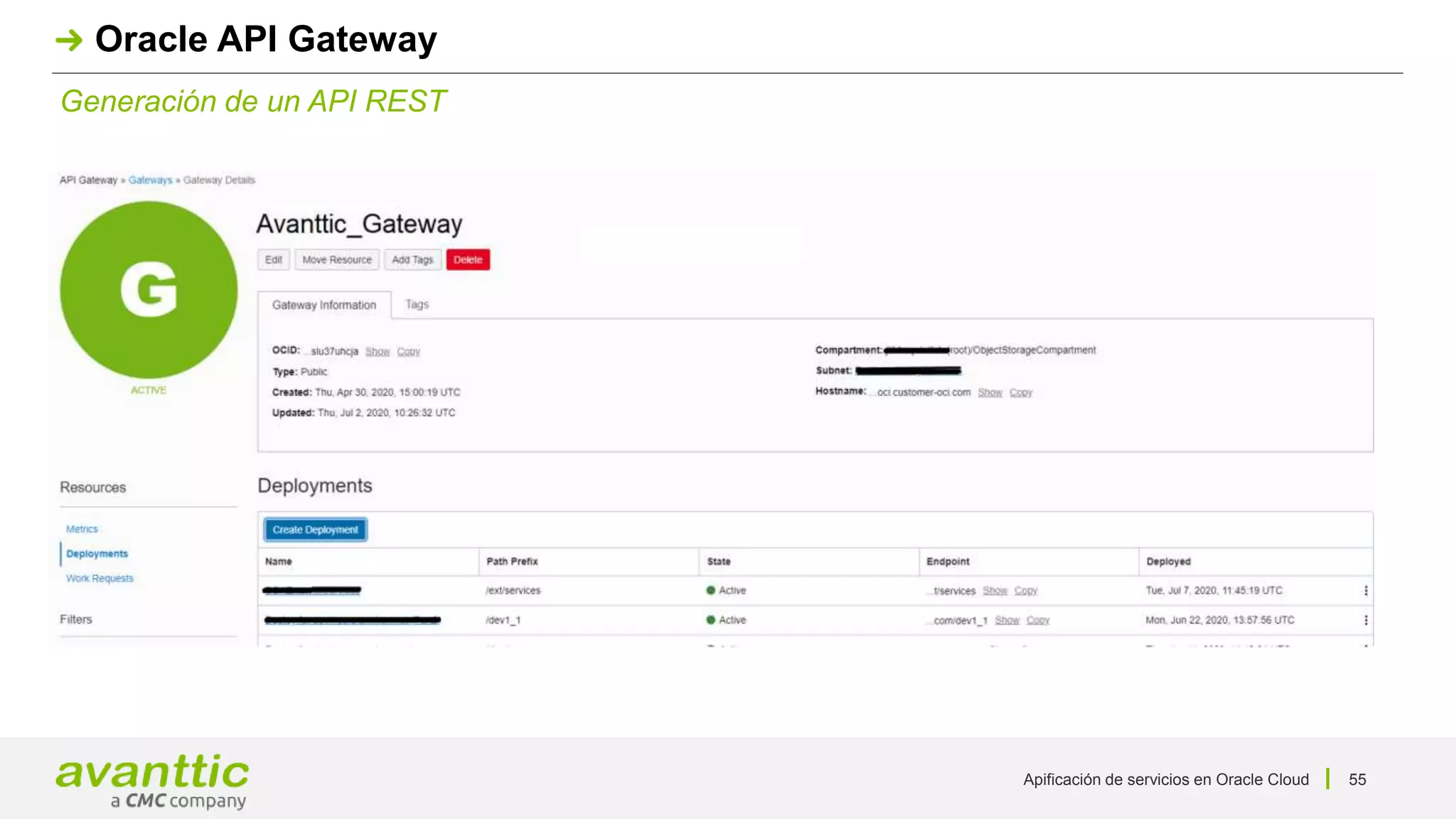 Apificación de servicios en Oracle Cloud 55
Generación de un API REST
Oracle API Gateway
 