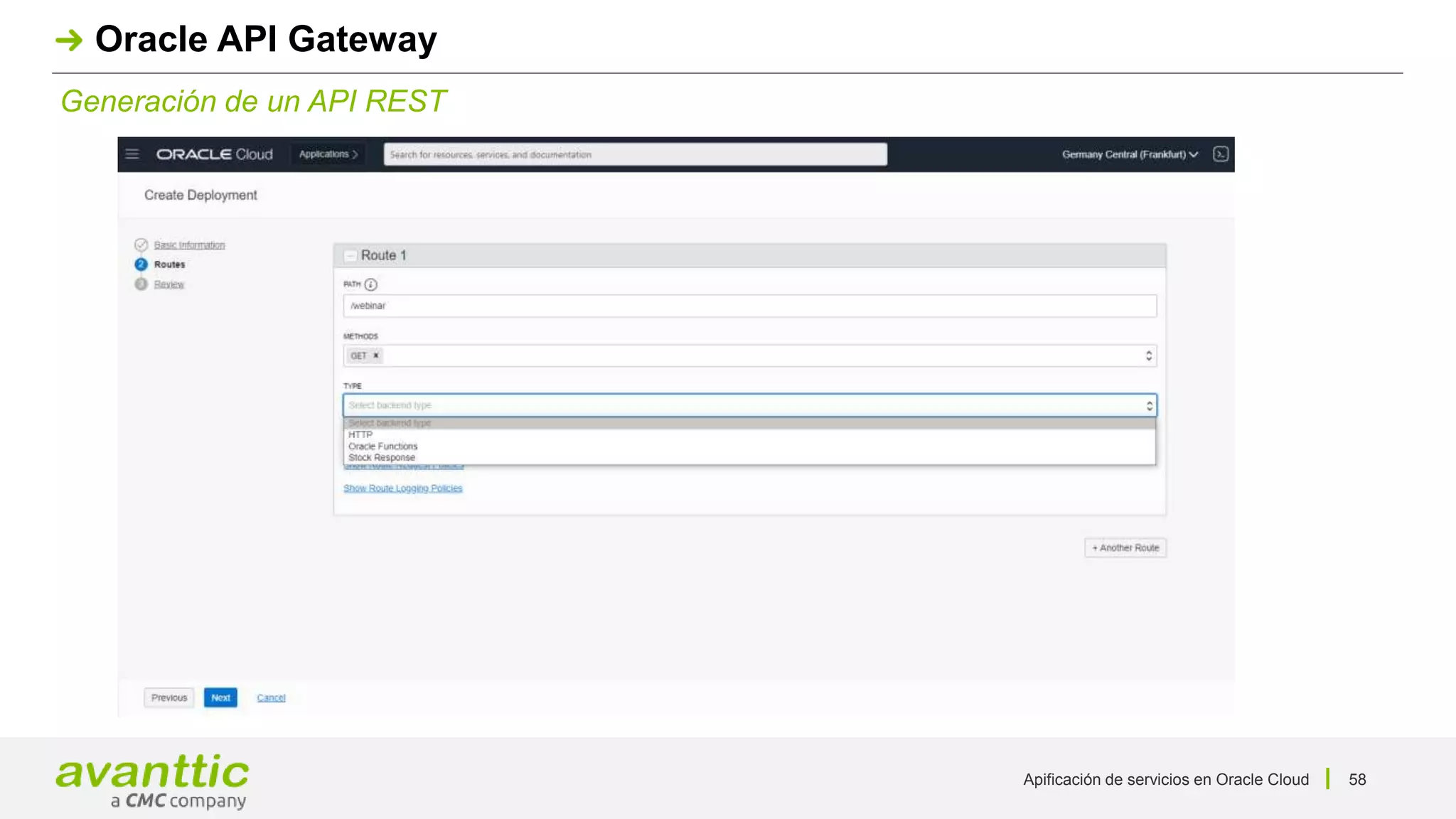 Apificación de servicios en Oracle Cloud 58
Generación de un API REST
Oracle API Gateway
 