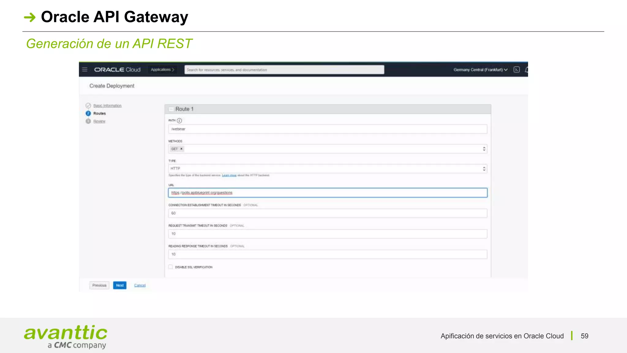 Apificación de servicios en Oracle Cloud 59
Generación de un API REST
Oracle API Gateway
 
