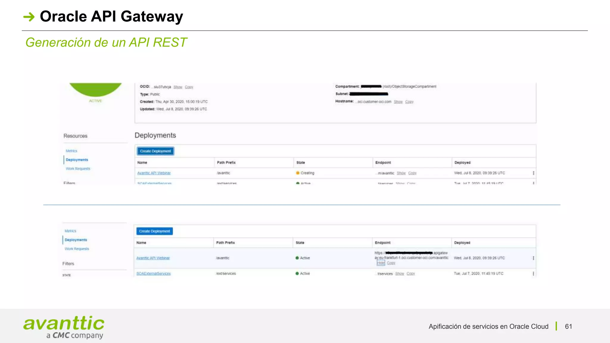 Apificación de servicios en Oracle Cloud 61
Generación de un API REST
Oracle API Gateway
 