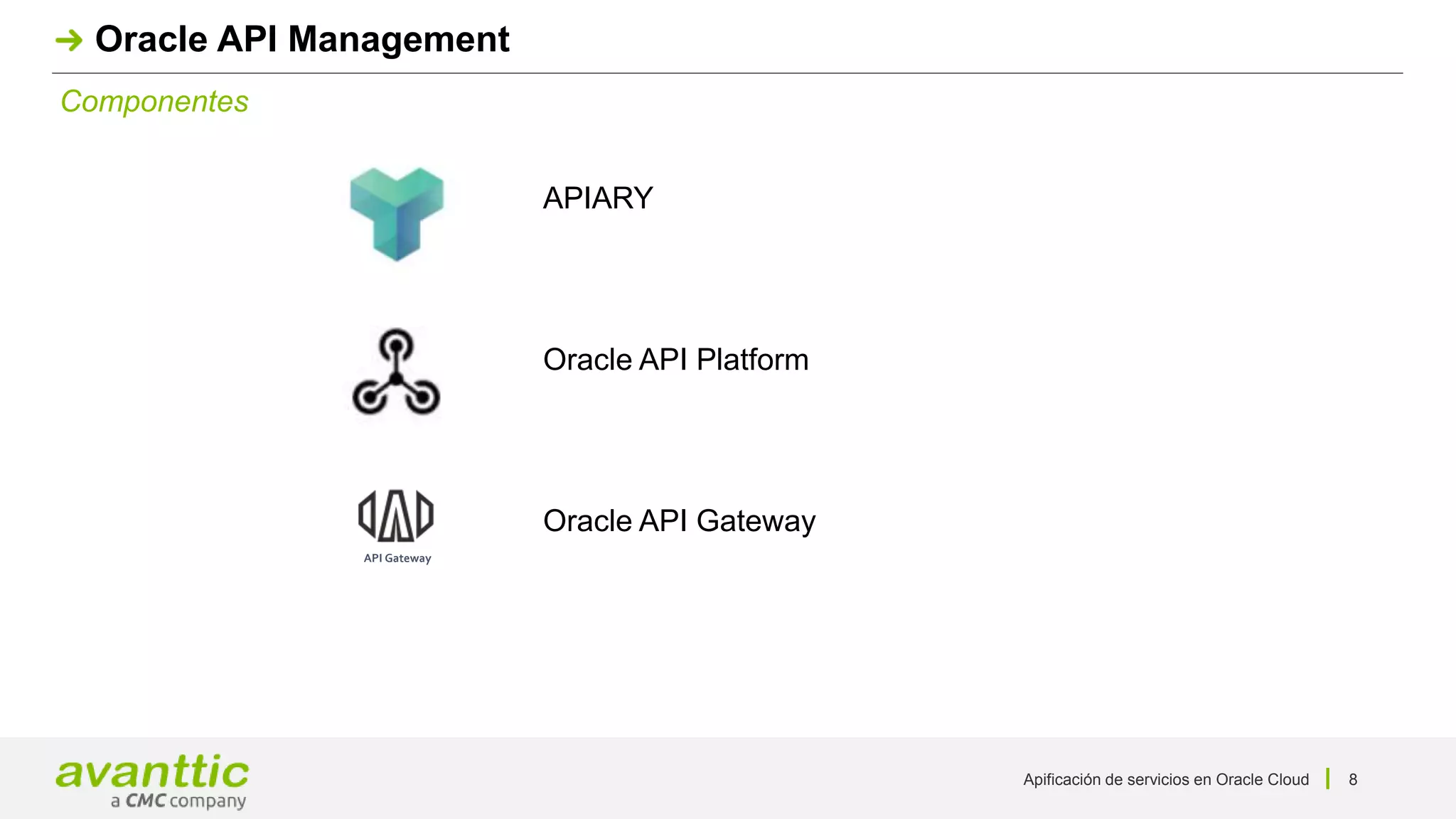 Apificación de servicios en Oracle Cloud 8
Componentes
Oracle API Management
APIARY
Oracle API Platform
Oracle API Gateway
API Gateway
 