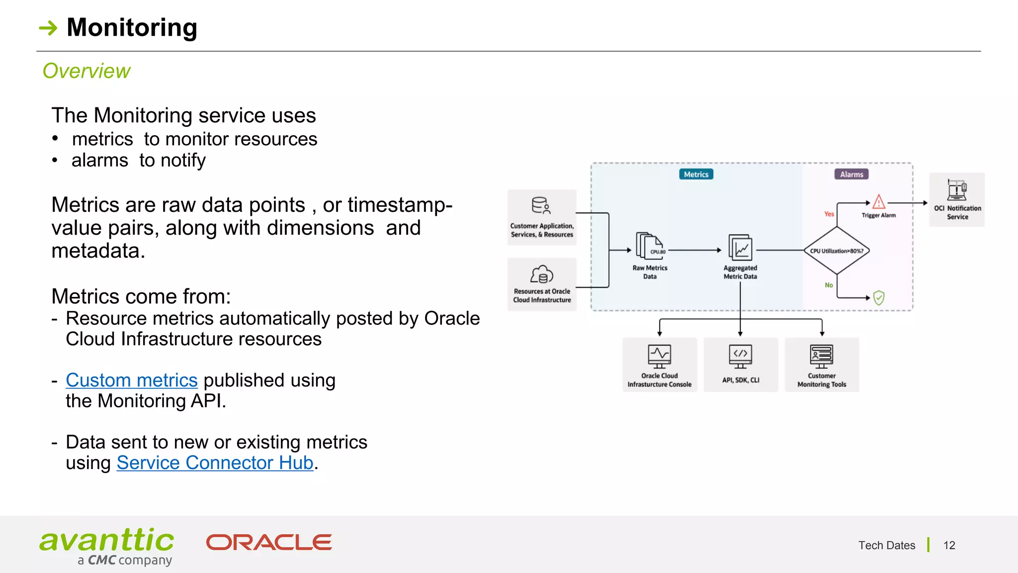 Tech Dates 12
Overview
Monitoring
The Monitoring service uses
• metrics to monitor resources
• alarms to notify
Metrics are raw data points , or timestamp-
value pairs, along with dimensions and
metadata.
Metrics come from:
- Resource metrics automatically posted by Oracle
Cloud Infrastructure resources
- Custom metrics published using
the Monitoring API.
- Data sent to new or existing metrics
using Service Connector Hub.
 