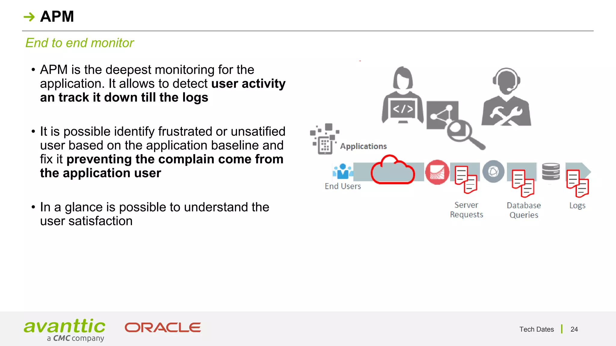 Tech Dates 24
End to end monitor
APM
• APM is the deepest monitoring for the
application. It allows to detect user activity
an track it down till the logs
• It is possible identify frustrated or unsatified
user based on the application baseline and
fix it preventing the complain come from
the application user
• In a glance is possible to understand the
user satisfaction
 