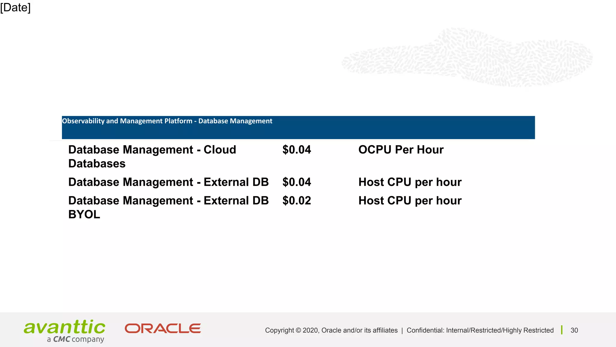 30
Copyright © 2020, Oracle and/or its affiliates | Confidential: Internal/Restricted/Highly Restricted
[Date]
Product Unit price Unit
Database Management - Cloud
Databases
$0.04 OCPU Per Hour
Database Management - External DB $0.04 Host CPU per hour
Database Management - External DB
BYOL
$0.02 Host CPU per hour
Observability and Management Platform - Database Management
 
