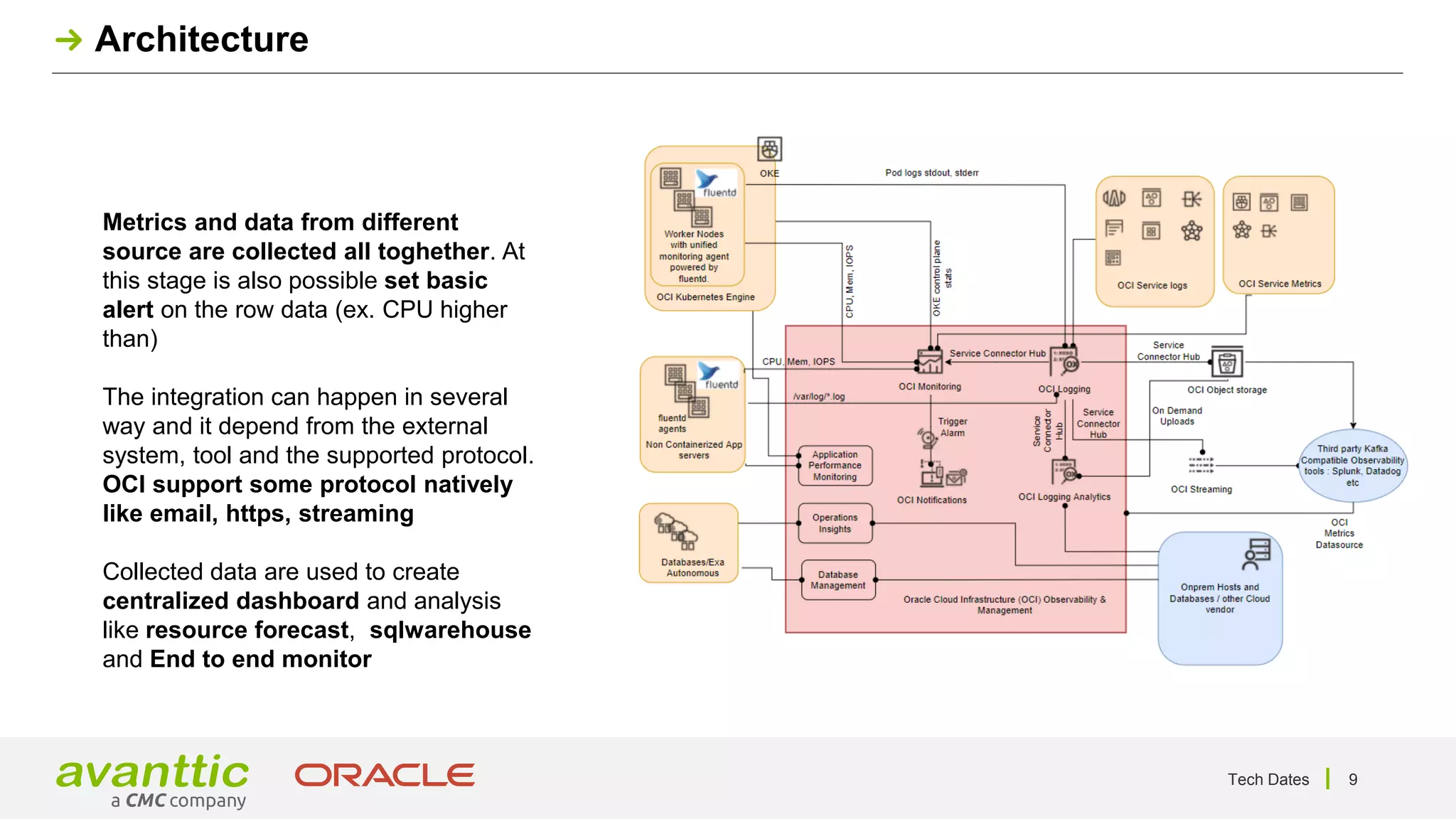 Architecture
Metrics and data from different
source are collected all toghether. At
this stage is also possible set basic
alert on the row data (ex. CPU higher
than)
The integration can happen in several
way and it depend from the external
system, tool and the supported protocol.
OCI support some protocol natively
like email, https, streaming
Collected data are used to create
centralized dashboard and analysis
like resource forecast, sqlwarehouse
and End to end monitor
Tech Dates 9
 
