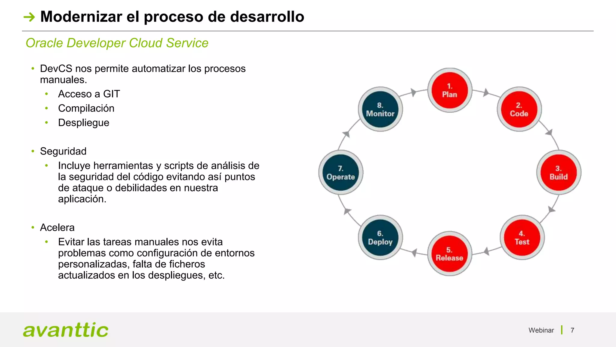 Webinar 7
Oracle Developer Cloud Service
Modernizar el proceso de desarrollo
• DevCS nos permite automatizar los procesos
manuales.
• Acceso a GIT
• Compilación
• Despliegue
• Seguridad
• Incluye herramientas y scripts de análisis de
la seguridad del código evitando así puntos
de ataque o debilidades en nuestra
aplicación.
• Acelera
• Evitar las tareas manuales nos evita
problemas como configuración de entornos
personalizadas, falta de ficheros
actualizados en los despliegues, etc.
 