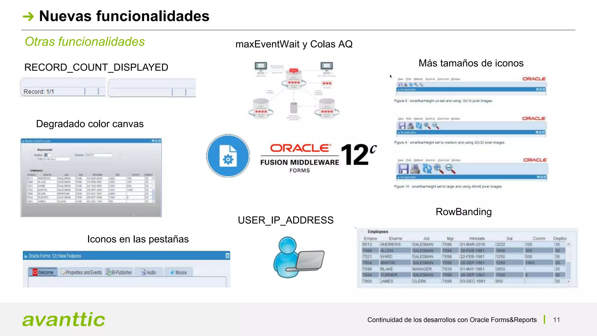Continuidad de los desarrollos con Oracle Forms&Reports 11
Otras funcionalidades
Nuevas funcionalidades
RECORD_COUNT_DISPLAYED
Iconos en las pestañas
Degradado color canvas
maxEventWait y Colas AQ
RowBanding
Más tamaños de iconos
USER_IP_ADDRESS
 
