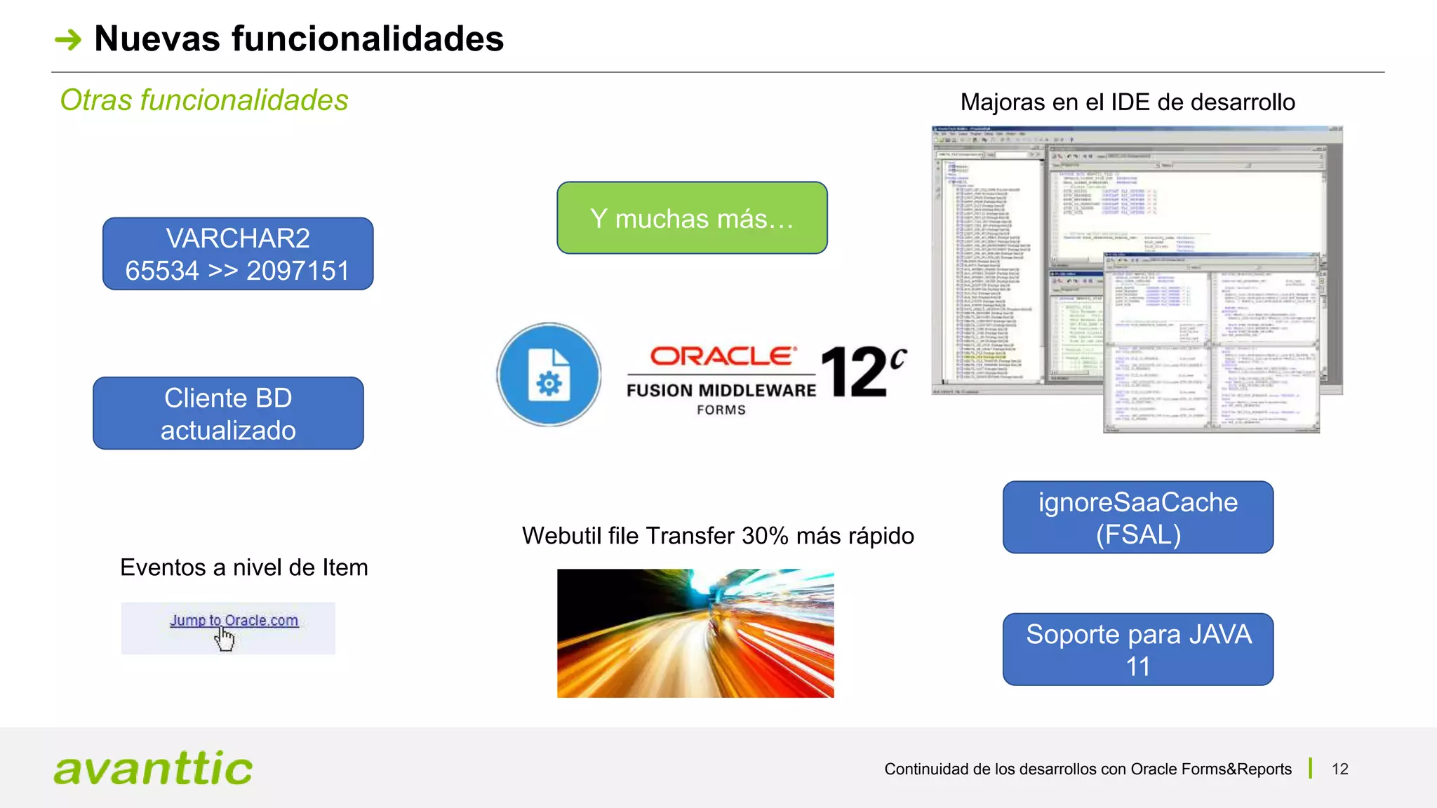 Continuidad de los desarrollos con Oracle Forms&Reports 12
Otras funcionalidades
Nuevas funcionalidades
VARCHAR2
65534 >> 2097151
Cliente BD
actualizado
Eventos a nivel de Item
Webutil file Transfer 30% más rápido
Soporte para JAVA
11
ignoreSaaCache
(FSAL)
Majoras en el IDE de desarrollo
Y muchas más…
 