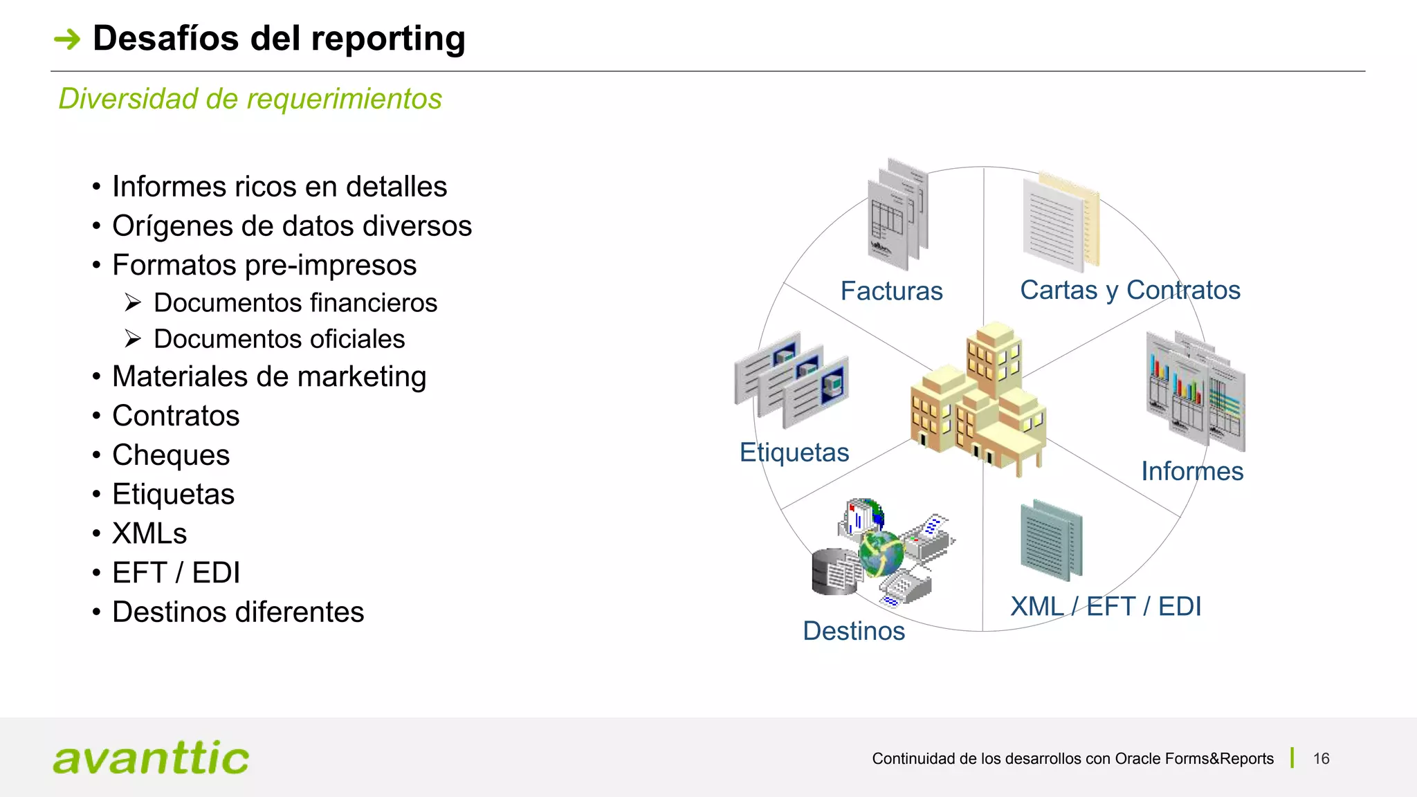 Continuidad de los desarrollos con Oracle Forms&Reports 16
Diversidad de requerimientos
Desafíos del reporting
• Informes ricos en detalles
• Orígenes de datos diversos
• Formatos pre-impresos
 Documentos financieros
 Documentos oficiales
• Materiales de marketing
• Contratos
• Cheques
• Etiquetas
• XMLs
• EFT / EDI
• Destinos diferentes
Informes
Etiquetas
Facturas
XML / EFT / EDI
Destinos
Cartas y Contratos
 