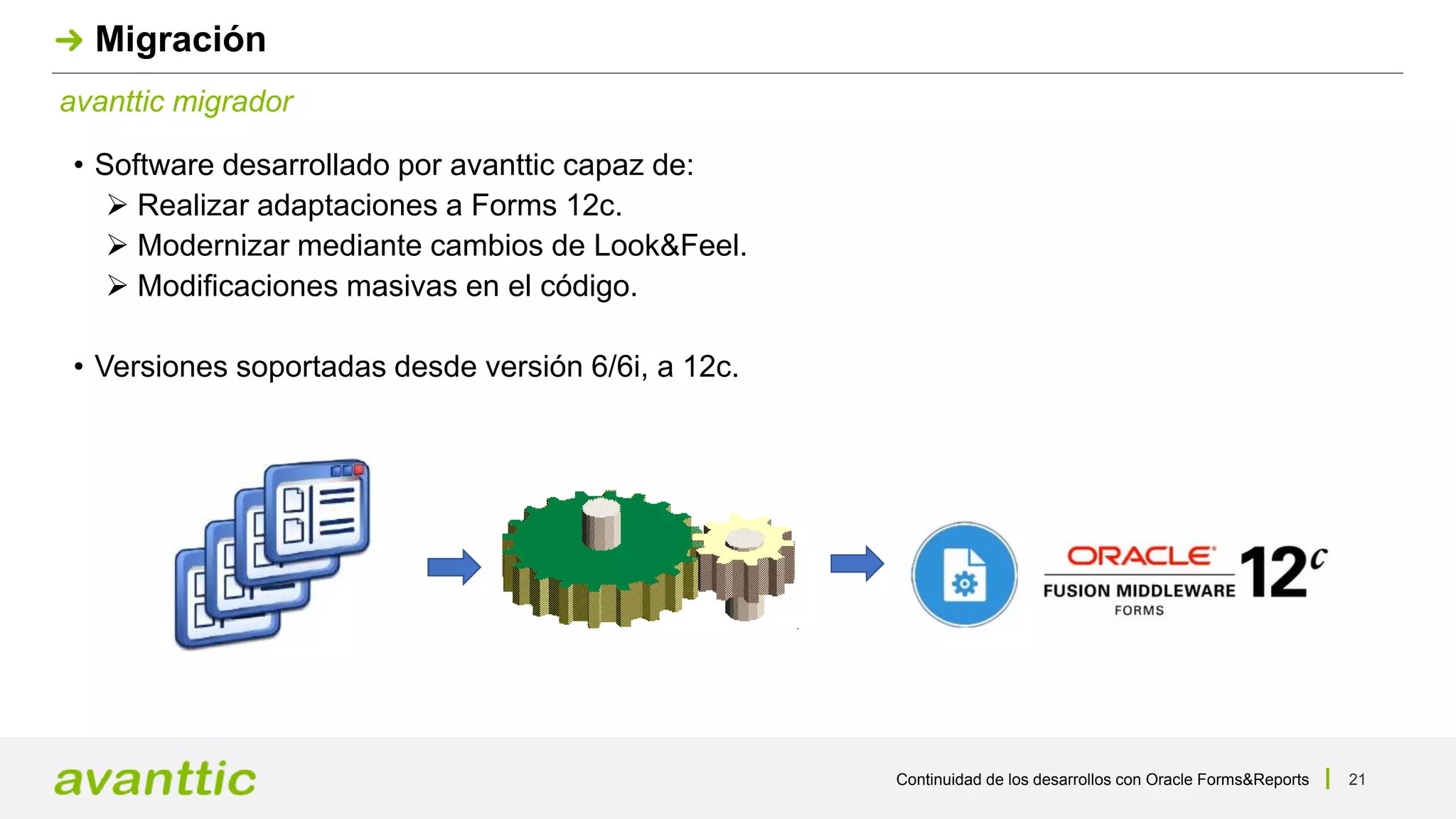 Continuidad de los desarrollos con Oracle Forms&Reports 21
avanttic migrador
Migración
• Software desarrollado por avanttic capaz de:
 Realizar adaptaciones a Forms 12c.
 Modernizar mediante cambios de Look&Feel.
 Modificaciones masivas en el código.
• Versiones soportadas desde versión 6/6i, a 12c.
 
