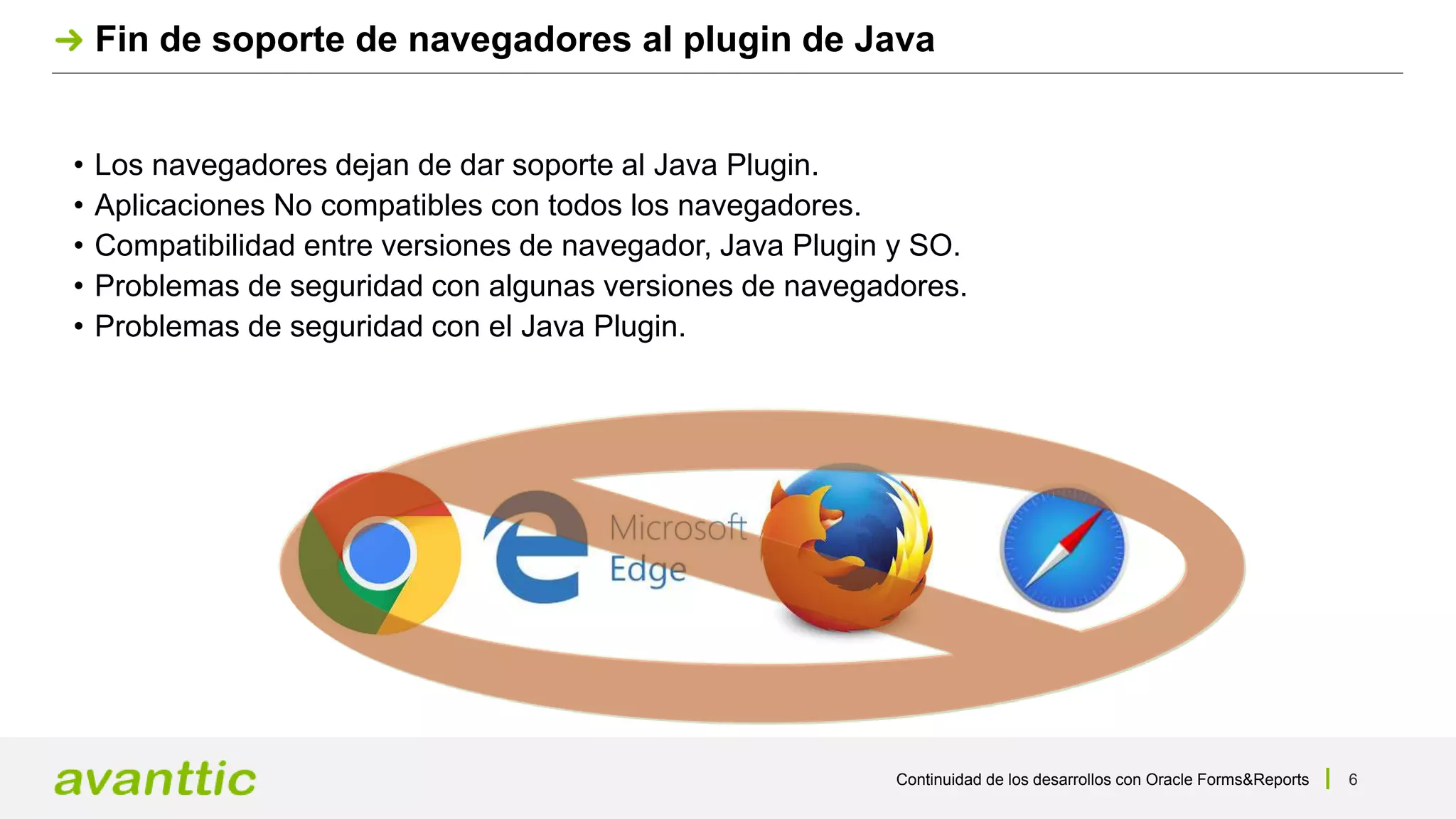 Continuidad de los desarrollos con Oracle Forms&Reports 6
Fin de soporte de navegadores al plugin de Java
• Los navegadores dejan de dar soporte al Java Plugin.
• Aplicaciones No compatibles con todos los navegadores.
• Compatibilidad entre versiones de navegador, Java Plugin y SO.
• Problemas de seguridad con algunas versiones de navegadores.
• Problemas de seguridad con el Java Plugin.
 