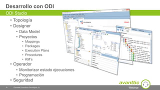 Webinar
Desarrollo con ODI
• Topología
• Designer
• Data Model
• Proyectos
• Mappings
• Packages
• Execution Plans
• Procedures
• KM’s
• Operador
• Monitorizar estado ejecuciones
• Programación
• Seguridad
15 © avanttic Consultoría Tecnológica, S.L.
ODI Studio
 