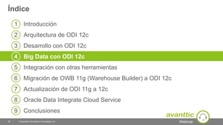 Webinar
1 Introducción
2 Arquitectura de ODI 12c
3 Desarrollo con ODI 12c
4 Big Data con ODI 12c
5 Integración con otras herramientas
6 Migración de OWB 11g (Warehouse Builder) a ODI 12c
7 Actualización de ODI 11g a 12c
8 Oracle Data Integrate Cloud Service
9 Conclusiones
Índice
© avanttic Consultoría Tecnológica, S.L.26
 