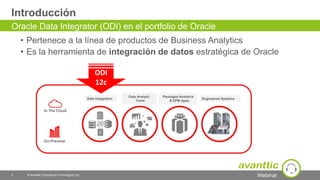 Webinar
Introducción
• Pertenece a la línea de productos de Business Analytics
• Es la herramienta de integración de datos estratégica de Oracle
3 © avanttic Consultoría Tecnológica, S.L.
Oracle Data Integrator (ODI) en el portfolio de Oracle
Data Integration Engineered Systems
Packaged Analytics
& EPM Apps
Data Analytic
Tools
ODI
12c
 