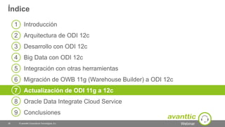 Webinar
1 Introducción
2 Arquitectura de ODI 12c
3 Desarrollo con ODI 12c
4 Big Data con ODI 12c
5 Integración con otras herramientas
6 Migración de OWB 11g (Warehouse Builder) a ODI 12c 12c
7 Actualización de ODI 11g a 12c
8 Oracle Data Integrate Cloud Service
9 Conclusiones
Índice
© avanttic Consultoría Tecnológica, S.L.38
 
