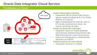 Webinar
Oracle Data Integrator Cloud Service
42 © avanttic Consultoría Tecnológica, S.L.
Facilidades en Cloud
Acelere Desarrollos y Análisis
• Implemente ODI en Oracle Public Cloud y
ejecute cargas de trabajo de E-LT en Oracle
Platform as a Service
• Mejor procesamiento de inserción, para un
ETL de alto rendimiento en cloud, con
menos movimiento de datos
Costos de desarrollo más bajos
• Integración nativa con Oracle Database
Cloud Service, Exadata Cloud Service, Big
Data Cloud Service y Java Cloud Service
• Costos de infraestructura y mantenimiento
reducidos con ODICS
Potente solución de nube híbrida
• Suscripción mensual o a medida
 