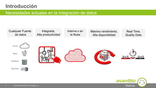 Webinar
Introducción
5 © avanttic Consultoría Tecnológica, S.L.
Necesidades actuales en la integración de datos
Cualquier Fuente
de datos
Real Time,
Quality Data
Máximo rendimiento,
Alta disponiblidad
Interna o en
la Nube
Integrada,
Alta productividad
 