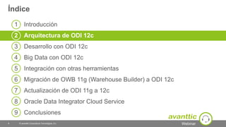 Webinar
Índice
© avanttic Consultoría Tecnológica, S.L.8
1 Introducción
2 Arquitectura de ODI 12c
3 Desarrollo con ODI 12c
4 Big Data con ODI 12c
5 Integración con otras herramientas
6 Migración de OWB 11g (Warehouse Builder) a ODI 12c
7 Actualización de ODI 11g a 12c
8 Oracle Data Integrator Cloud Service
9 Conclusiones
 
