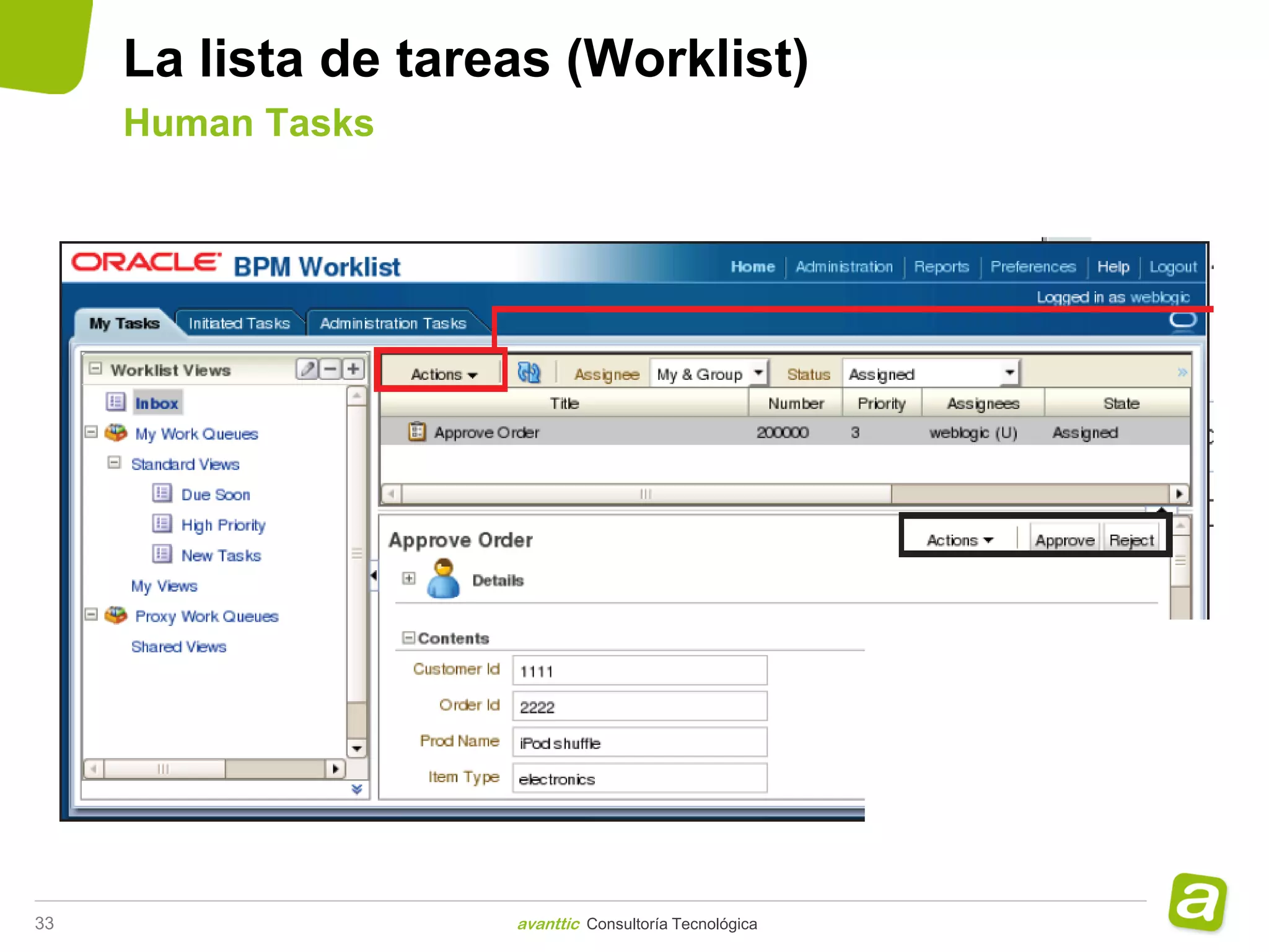 La lista de tareas (Worklist)
     Human Tasks




33                   avanttic Consultoría Tecnológica
 