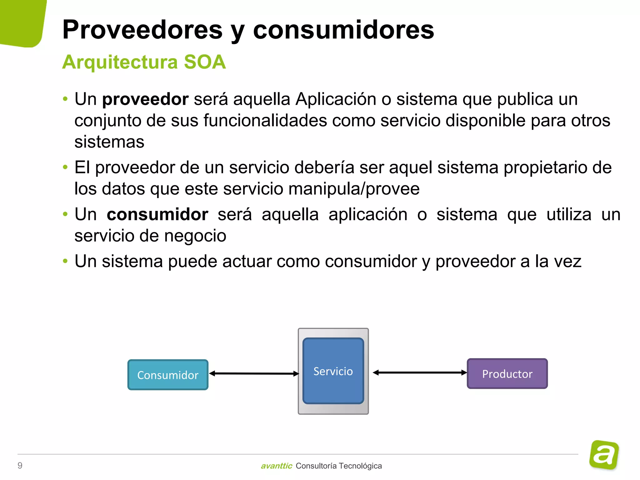 Proveedores y consumidores
    Arquitectura SOA
    • Un proveedor será aquella Aplicación o sistema que publica un
      conjunto de sus funcionalidades como servicio disponible para otros
      sistemas
    • El proveedor de un servicio debería ser aquel sistema propietario de
      los datos que este servicio manipula/provee
    • Un consumidor será aquella aplicación o sistema que utiliza un
      servicio de negocio
    • Un sistema puede actuar como consumidor y proveedor a la vez




             Consumidor                  Servicio              Productor




9                           avanttic Consultoría Tecnológica
 