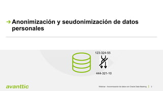 Webinar - Anonimización de datos con Oracle Data Masking 3
Anonimización y seudonimización de datos
personales
123-324-55
...