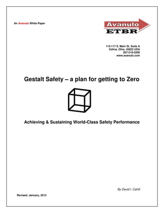 An Avanulo White Paper




                                            115-117 S. Main St. Suite A
                                              Celina, Ohio, 45822 USA
                                                         567-510-5200
                                                    www.avanulo.com




       Gestalt Safety – a plan for getting to Zero




       Achieving & Sustaining World-Class Safety Performance




                                                     By David I. Cahill
  Revised: January, 2012
 