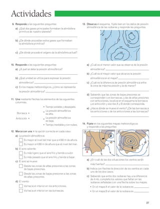 27 
Actividades 
9. Responde a las siguientes preguntas: 
a) ¿Qué dos gases principales formaban la atmósfera 
primitiva de nuestro planeta? 
b) ¿De dónde procedían estos gases que formaban 
la atmósfera primitiva? 
c) ¿De dónde procede el oxígeno de la atmósfera actual? 
10. Responde a las siguientes preguntas: 
a) ¿A qué se debe la presión atmosférica? 
b) ¿Qué unidad se utiliza para expresar la presión 
atmosférica? 
c) En los mapas meteorológicos, ¿cómo se representa 
la presión atmosférica? 
11. Une mediante flechas los elementos de las siguientes 
columnas. 
Borrasca • 
Anticiclón • 
• Tiempo estable y despejado. 
• La presión atmosférica 
es alta. 
• La presión atmosférica 
es baja. 
• Tiempo inestable y con nubes. 
12. Marca con una 3 la opción correcta en cada caso: 
a) La presión atmosférica: 
Es mayor al nivel del mar que a 4 000 m de altura. 
Es mayor a 4 000 m de altura que al nivel del mar. 
b) El aire caliente: 
Es más ligero que el aire frío y tiende a subir. 
Es más pesado que el aire frío y tiende a bajar. 
c) El aire se mueve: 
Desde las zonas de altas presiones a las zonas 
de bajas presiones. 
Desde las zonas de bajas presiones a las zonas 
de altas presiones. 
d) El viento: 
Va hacia el interior en los anticiclones. 
Va hacia el interior en las borrascas. 
13. Observa el esquema, fíjate bien en los datos de presión 
atmosférica de las isobaras y responde las preguntas. 
1000 
1 004 
1008 
996 
1 000 
1004 
992 
996 
a) ¿Cuál es el menor valor que se observa de la presión 
atmosférica? 
b) ¿Cuál es el mayor valor que alcanza la presión 
atmosférica en el mapa? 
c) ¿Cuál es la diferencia de presión atmosférica entre 
la zona de máxima presión y la de menor? 
d) Sabiendo que las zonas de bajas presiones se 
corresponden con borrascas, y las de altas presiones 
con anticiclones, localiza en el esquema la borrasca 
y el anticiclón y escribe A y B donde corresponda. 
e) ¿Hacia dónde se mueve el viento? ¿De las borrascas a 
los anticiclones o de los anticiclones a las borrascas? 
14. Fíjate en los siguientes mapas meteorológicos 
y responde a las preguntas: 
1000 
996 
a) ¿En cuál de las dos situaciones los vientos serán 
más fuertes? 
b) Indica con flechas la dirección de los vientos en cada 
uno de los dos casos. 
c) Sabiendo que entre dos isobaras hay una diferencia 
de 4 mb, completa los valores que faltan en las 
isobaras señaladas con una flecha sobre los mapas. 
• En el mapa A el valor de la isobara es 
• En el mapa B el valor de la isobara es 
A 
B 
1012 
B 
A B 
 