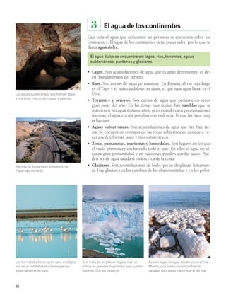 Las aguas subterráneas solo forman lagos 
y ríos en el interior de cuevas y galerías. 
Rambla de Andarax en el desierto de 
Tabernas, Almería. 
Los humedales tienen gran valor ecológico 
por ser el hábitat de muchas especies, 
especialmente de aves. 
38 
3 El agua de los continentes 
Casi toda el agua que utilizamos las personas se encuentra sobre los 
continentes. El agua de los continentes tiene pocas sales, por lo que se 
llama agua dulce. 
El agua dulce se encuentra en: lagos, ríos, torrentes, aguas 
subterráneas, pantanos y glaciares. 
• Lagos. Son acumulaciones de agua que ocupan depresiones, es de-cir, 
Si el hielo de un glaciar llega al mar, se 
rompe en grandes fragmentos que quedan 
flotando. Son los icebergs. 
Existen lagos de agua salada, como el mar 
Muerto, que tiene una concentración 
de sales diez veces mayor que la del mar. 
hundimientos del terreno. 
• Ríos. Son cursos de agua permanente. En España, el río más largo 
es el Tajo, y el más caudaloso, es decir, el que más agua lleva, es el 
Ebro. 
• Torrentes y arroyos. Son cursos de agua que permanecen secos 
gran parte del año. En las zonas más áridas, hay ramblas que se 
mantienen sin agua durante años, pero cuando caen precipitaciones 
intensas, el agua circula por ellas con violencia, lo que las hace muy 
peligrosas. 
• Aguas subterráneas. Son acumulaciones de agua que hay bajo tie-rra. 
Se encuentran empapando las rocas subterráneas, aunque a ve-ces 
pueden formar lagos y ríos subterráneos. 
• Zonas pantanosas, marismas y humedales. Son lugares en los que 
el suelo permanece encharcado todo el año. En ellos el agua no al-canza 
gran profundidad y en ocasiones pueden quedar secos. Pue-den 
ser de agua salada si están cerca de la costa. 
• Glaciares. Son acumulaciones de hielo que se desplazan lentamen-te. 
Hay glaciares en las cumbres de las altas montañas y en los polos. 
 