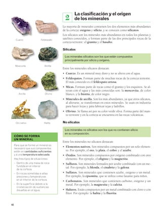 48 
La clasificación y el origen 
de los minerales 
2 
La mayoría de minerales contienen los dos elementos más abundantes 
de la corteza: oxígeno y silicio, y se conocen como silicatos. 
Los silicatos son los minerales más abundantes en todos los planetas y 
satélites conocidos, y forman parte de las dos principales rocas de la 
corteza terrestre: el granito y el basalto. 
Silicatos 
Los minerales silicatos son los que están compuestos 
principalmente por silicio y oxígeno. 
Entre los minerales silicatos destacan: 
• Cuarzo. Es un mineral muy duro y no se altera con el agua. 
• Feldespatos. Forman parte de muchas rocas de la corteza terrestre. 
El más conocido es el feldespato ortosa. 
• Micas. Forman parte de rocas como el granito y los esquistos. Se al-teran 
con el agua y las más conocidas son: la moscovita, de color 
blanco, y la biotita, de color negro. 
• Minerales de arcilla. Son los más abundantes, ya que otros silicatos, 
al alterarse, se transforman en estos minerales. Se usan en industria 
para hacer lozas y para fabricar tejas y ladrillos. 
• Olivino. Se llama así por su color verde oliva. Forma parte del man-to 
terrestre y en la corteza se encuentra en las rocas volcánicas. 
No silicatos 
Los minerales no silicatos son los que no contienen silicio 
en su composición. 
Entre los minerales no silicatos destacan: 
• Elementos nativos. Son minerales compuestos por un solo elemen-to. 
Por ejemplo, el oro, la plata, el cobre y el azufre. 
• Óxidos. Son minerales compuestos por oxígeno combinado con otro 
elemento. Por ejemplo, el oligisto y la magnetita. 
• Sulfuros. Son minerales formados por azufre combinado con un me-tal. 
Por ejemplo, la blenda, el cinabrio y la galena. 
• Sulfatos. Son minerales que contienen azufre, oxígeno y un metal. 
Por ejemplo, la epsomita, que se utiliza como laxante para niños. 
• Carbonatos. Son minerales que contienen carbono, oxígeno y un 
metal. Por ejemplo, la magnesita y la calcita. 
• Haluros. Están compuestos por un metal combinado con cloro o con 
flúor. Por ejemplo: la halita y la fluorita. 
Cuarzo 
Moscovita 
Arcilla 
Feldespato 
Biotita 
Olivino 
Oro nativo Halita 
CÓMO SE FORMA 
UN MINERAL 
Para que se forme un mineral es 
necesario que sus componentes 
estén en cantidades suficientes 
y a una temperatura adecuada. 
Hay tres tipos de situaciones: 
– Dentro de una masa de roca 
fundida en el interior 
de la corteza. 
– En rocas sometidas a altas 
presiones y temperaturas 
en el interior de la corteza. 
– En la superficie debido a la 
cristalización de sustancias 
disueltas en el agua. 
 