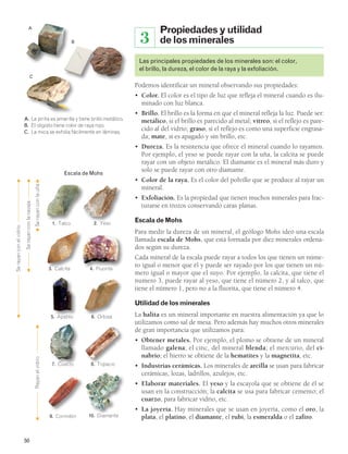 50 
Propiedades y utilidad 
de los minerales 
3 
Las principales propiedades de los minerales son: el color, 
el brillo, la dureza, el color de la raya y la exfoliación. 
Podemos identificar un mineral observando sus propiedades: 
• Color. El color es el tipo de luz que refleja el mineral cuando es ilu-minado 
con luz blanca. 
• Brillo. El brillo es la forma en que el mineral refleja la luz. Puede ser: 
metálico, si el brillo es parecido al metal; vítreo, si el reflejo es pare-cido 
al del vidrio; graso, si el reflejo es como una superficie engrasa-da; 
mate, si es apagado y sin brillo, etc. 
• Dureza. Es la resistencia que ofrece el mineral cuando lo rayamos. 
Por ejemplo, el yeso se puede rayar con la uña, la calcita se puede 
rayar con un objeto metálico. El diamante es el mineral más duro y 
solo se puede rayar con otro diamante. 
• Color de la raya. Es el color del polvillo que se produce al rayar un 
mineral. 
• Exfoliación. Es la propiedad que tienen muchos minerales para frac-turarse 
en trozos conservando caras planas. 
Escala de Mohs 
Para medir la dureza de un mineral, el geólogo Mohs ideó una escala 
llamada escala de Mohs, que está formada por diez minerales ordena-dos 
según su dureza. 
Cada mineral de la escala puede rayar a todos los que tienen un núme-ro 
igual o menor que él y puede ser rayado por los que tienen un nú-mero 
igual o mayor que el suyo. Por ejemplo, la calcita, que tiene el 
numero 3, puede rayar al yeso, que tiene el número 2, y al talco, que 
tiene el número 1, pero no a la fluorita, que tiene el número 4. 
Utilidad de los minerales 
La halita es un mineral importante en nuestra alimentación ya que lo 
utilizamos como sal de mesa. Pero además hay muchos otros minerales 
de gran importancia que utilizamos para: 
• Obtener metales. Por ejemplo, el plomo se obtiene de un mineral 
llamado galena; el cinc, del mineral blenda; el mercurio, del ci-nabrio; 
el hierro se obtiene de la hematites y la magnetita, etc. 
• Industrias cerámicas. Los minerales de arcilla se usan para fabricar 
cerámicas, lozas, ladrillos, azulejos, etc. 
• Elaborar materiales. El yeso y la escayola que se obtiene de él se 
usan en la construcción; la calcita se usa para fabricar cemento; el 
cuarzo, para fabricar vidrio, etc. 
• La joyería. Hay minerales que se usan en joyería, como el oro, la 
plata, el platino, el diamante, el rubí, la esmeralda o el zafiro. 
A. La pirita es amarilla y tiene brillo metálico. 
B. El oligisto tiene color de raya rojo. 
C. La mica se exfolia fácilmente en láminas. 
G S e ra y an c o n la u ña F 
1. Talco 2. Yeso 
3. Calcita 4. Fluorita 
5. Apatito 6. Ortosa 
9. Corindón 10. Diamante 
G R a ya n e l vid r io F 
G S e r ay a n co n la n a va ja F 
G S e r ay a n co n e l v id ri o F 
7. Cuarzo 8. Topacio 
A 
B 
C 
Escala de Mohs 
 
