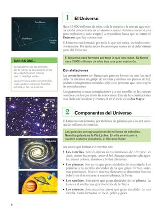 El Universo 
1 
Hace 15 000 millones de años, toda la materia y la energía que exis-tía 
estaba concentrada en un mismo espacio. Entonces ocurrió una 
gran explosión y todo empezó a expandirse hasta que se formó el 
Universo que hoy conocemos. 
El Universo está formado por todo lo que nos rodea, incluidos noso-tros 
mismos. Por tanto, todos los astros que vemos en el cielo forman 
parte del Universo. 
El Universo está formado por todo lo que nos rodea. Se formó 
hace 15 000 millones de años tras una gran explosión. 
Constelaciones 
Las constelaciones son figuras que parecen formar las estrellas en el 
cielo. Si miramos un grupo de estrellas y unimos sus puntos de luz, 
podemos imaginarnos animales, objetos o personas que constituyen 
las constelaciones. 
Antiguamente a estas constelaciones y a sus estrellas se les ponían 
nombres con los que ahora las conocemos. Una de las constelaciones 
más fáciles de localizar y reconocer en el cielo es la Osa Mayor. 
2 Componentes del Universo 
El Universo está formado por millones de galaxias que a su vez cons-tan 
de millones de estrellas. 
Las galaxias son agrupaciones de millones de estrellas. 
Nuestra galaxia es la Vía Láctea. En ella se encuentra 
nuestro sistema planetario, el Sistema Solar. 
Los astros que forman el Universo son: 
• Las estrellas. Son los únicos astros luminosos del Universo, es 
decir, tienen luz propia, como el Sol. Aunque parecen todas igua-les, 
tienen colores, tamaños y brillos diferentes. 
• Los planetas. Son astros que giran alrededor de una estrella. Los 
planetas y la estrella alrededor de la que giran forman siste-mas 
planetarios. Nuestro sistema planetario se denomina Sistema 
Solar y en él se encuentra nuestro planeta, la Tierra. 
• Los satélites. Son astros que giran alrededor de un planeta. La 
Luna es el satélite que gira alrededor de la Tierra. 
• Los cometas. Son pequeños astros que giran alrededor de una 
estrella. Están formados de hielo, polvo y gases. 
SABÍAS QUE… 
Solo podemos ver las estrellas 
por la noche, ya que durante el día 
la luz del Sol es tan intensa 
que no nos deja verlas. 
Las estrellas pueden ser amarillas, 
rojas, azules o naranjas. Nuestra 
estrella, el Sol, es amarilla. 
6 
Osa Mayor 
Osa Menor 
Estrella 
Polar 
Universo 
Vía Láctea 
Sistema Solar 
 