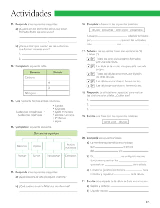 67 
11. Responde a las siguientes preguntas: 
a) ¿Cuáles son los elementos de los que están 
formados todos los seres vivos? 
, , 
y . 
b) ¿De qué dos tipos pueden ser las sustancias 
que forman los seres vivos? 
1. 
2. 
12. Completa la siguiente tabla. 
Elemento Símbolo 
Carbono 
H 
O 
Nitrógeno 
13. Une mediante flechas ambas columnas. 
• Lípidos 
• Glúcidos 
Sustancias inorgánicas • • Sales minerales 
Sustancias orgánicas • • Ácidos nucleicos 
• Proteínas 
• Agua 
14. Completa el siguiente esquema. 
Sustancias orgánicas 
15. Responde a las siguientes preguntas: 
a) ¿Qué ocasiona la falta de alguna vitamina? 
b) ¿Qué puede causar la falta total de vitaminas? 
16. Completa la frase con las siguientes palabras: 
células – pequeñas – seres vivos – vida propia 
Todos los estamos formados 
por , que son las unidades 
más con . 
17. Señala si las siguientes frases son verdaderas (V) 
o falsas (F): 
V F Todos los seres vivos estamos formados 
por una sola célula. 
V F La célula es la unidad más pequeña con vida 
propia. 
V F Todas las células provienen, por división, 
de otras células. 
V F Las células eucariotas no tienen núcleo. 
V F Las células procariotas no tienen núcleo. 
18. Responde. La célula tiene capacidad para realizar 
las tres funciones vitales. ¿Cuáles son? 
1. 
2. 
3. 
19. Escribe una frase con las siguientes palabras: 
seres vivos – células 
20. Completa las siguientes frases: 
a) La membrana plasmática es una capa 
que la célula 
del y la . 
b) El es un líquido viscoso 
donde se encuentran los , 
que realizan de la célula. 
c) El material genético contiene la para 
controlar y regular el de la célula. 
21. Escribe de qué parte de la célula se trata en cada caso: 
a) Separa y protege: 
b) Líquido viscoso: 
Actividades 
Glúcidos Ácidos 
Lípidos nucleicos 
Forman Sirven Transportan Contienen 
 