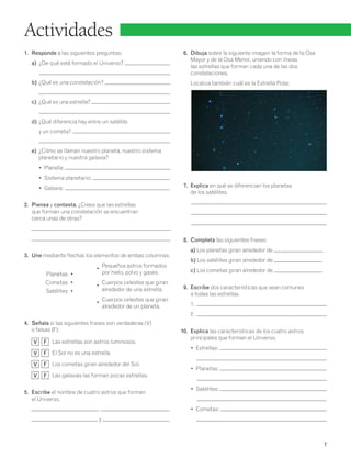 Actividades 
1. Responde a las siguientes preguntas: 
a) ¿De qué está formado el Universo? 
b) ¿Qué es una constelación? 
c) ¿Qué es una estrella? 
d) ¿Qué diferencia hay entre un satélite 
y un cometa? 
e) ¿Cómo se llaman nuestro planeta, nuestro sistema 
planetario y nuestra galaxia? 
• Planeta: 
• Sistema planetario: 
• Galaxia: 
2. Piensa y contesta. ¿Crees que las estrellas 
que forman una constelación se encuentran 
cerca unas de otras? 
3. Une mediante flechas los elementos de ambas columnas. 
Planetas • 
• Pequeños astros formados 
por hielo, polvo y gases. 
Cometas • • Cuerpos celestes que giran 
alrededor de una estrella. 
Satélites • 
• Cuerpos celestes que giran 
alrededor de un planeta. 
4. Señala si las siguientes frases son verdaderas (V) 
o falsas (F): 
V F Las estrellas son astros luminosos. 
V F El Sol no es una estrella. 
V F Los cometas giran alrededor del Sol. 
V F Las galaxias las forman pocas estrellas. 
5. Escribe el nombre de cuatro astros que forman 
el Universo. 
, , 
y . 
6. Dibuja sobre la siguiente imagen la forma de la Osa 
Mayor y de la Osa Menor, uniendo con líneas 
las estrellas que forman cada una de las dos 
constelaciones. 
Localiza también cuál es la Estrella Polar. 
7. Explica en qué se diferencian los planetas 
de los satélites. 
8. Completa las siguientes frases: 
a) Los planetas giran alrededor de . 
b) Los satélites giran alrededor de . 
c) Los cometas giran alrededor de . 
9. Escribe dos características que sean comunes 
a todas las estrellas. 
1. 
2. 
10. Explica las características de los cuatro astros 
principales que forman el Universo. 
• Estrellas: 
• Planetas: 
• Satélites: 
• Cometas: 
7 
 
