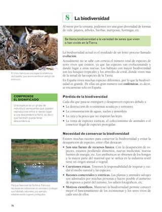 76 
La biodiversidad 
8 
Al mirar por la ventana, podemos ver una gran diversidad de formas 
de vida: pájaros, árboles, hierbas, mariposas, hormigas, etc. 
Se llama biodiversidad a la variedad de seres que viven 
o han vivido en la Tierra. 
La biodiversidad actual es el resultado de un lento proceso llamado 
evolución. 
Actualmente no se sabe con certeza el número total de especies de 
seres vivos que existen, ya que las especies van evolucionando y 
dando lugar a otras nuevas. Los hábitats con mayor biodiversidad 
son los bosques tropicales y los arrecifes de coral, donde viven más 
de la mitad de las especies de la Tierra. 
En España viven muchas especies diferentes, por lo que la biodiver-sidad 
es grande. De ellas un gran número son endémicas, es decir, 
se encuentran solo en España. 
Pérdida de la biodiversidad 
Cada día que pasa se extinguen y desaparecen especies debido a: 
• La destrucción de ecosistemas acuáticos y terrestres. 
• La contaminación de aguas, suelos y atmósfera. 
• La caza y la pesca que no respetan las leyes. 
• La venta de especies exóticas, el coleccionismo de animales o el 
comercio ilegal de especies protegidas. 
Necesidad de conservar la biodiversidad 
Existen muchas razones para conservar la biodiversidad y evitar la 
desaparición de especies; entre ellas destacan: 
• Son una fuente de recursos básica. Con la desaparición de es-pecies, 
estamos perdiendo alimentos, nuevas medicinas, nuevas 
fuentes de energía, etc. Los antibióticos se obtienen de los hongos 
y la mayor parte del material que se utiliza en la industria textil 
tiene un origen animal o vegetal. 
• Cuestiones éticas. Tenemos la responsabilidad de respetar y cui-dar 
el medio natural y las especies. 
• Razones comerciales y estéticas. Las plantas y animales salvajes 
son admirados por muchas personas y hacen posible el aumento 
de ingresos a partir del turismo, los safaris fotográficos, etc. 
• Motivos científicos. Mantener la biodiversidad permite conocer 
mejor el funcionamiento de los ecosistemas y los seres vivos de 
cada uno de ellos. 
El lince ibérico es una especie endémica 
de España, que se encuentra en peligro de 
extinción. 
COMPRENDE 
EL SIGNIFICADO 
Una especie es un grupo de 
individuos semejantes que pueden 
reproducirse entre sí dando lugar 
a una descendencia fértil, es decir, 
que también puede tener 
descendencia. 
Parque Nacional de Doñana. Para que 
las especies sobrevivan es necesario proteger 
sus hábitats naturales, por ejemplo 
estableciendo lugares protegidos. 
 