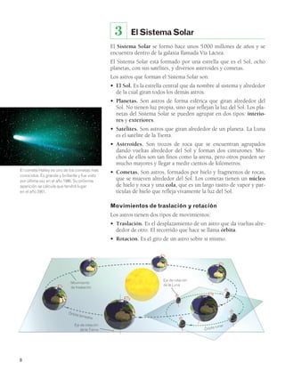 8 
El Sistema Solar 
3 
El Sistema Solar se formó hace unos 5 000 millones de años y se 
encuentra dentro de la galaxia llamada Vía Láctea. 
El Sistema Solar está formado por una estrella que es el Sol, ocho 
planetas, con sus satélites, y diversos asteroides y cometas. 
Los astros que forman el Sistema Solar son: 
• El Sol. Es la estrella central que da nombre al sistema y alrededor 
de la cual giran todos los demás astros. 
• Planetas. Son astros de forma esférica que giran alrededor del 
Sol. No tienen luz propia, sino que reflejan la luz del Sol. Los pla-netas 
del Sistema Solar se pueden agrupar en dos tipos: interio-res 
y exteriores. 
• Satélites. Son astros que giran alrededor de un planeta. La Luna 
es el satélite de la Tierra. 
• Asteroides. Son trozos de roca que se encuentran agrupados 
dando vueltas alrededor del Sol y forman dos cinturones. Mu-chos 
de ellos son tan finos como la arena, pero otros pueden ser 
mucho mayores y llegar a medir cientos de kilómetros. 
• Cometas. Son astros, formados por hielo y fragmentos de rocas, 
que se mueven alrededor del Sol. Los cometas tienen un núcleo 
de hielo y roca y una cola, que es un largo rastro de vapor y par-tículas 
de hielo que refleja vivamente la luz del Sol. 
Movimientos de traslación y rotación 
Los astros tienen dos tipos de movimientos: 
• Traslación. Es el desplazamiento de un astro que da vueltas alre-dedor 
de otro. El recorrido que hace se llama órbita. 
• Rotación. Es el giro de un astro sobre sí mismo. 
El cometa Halley es uno de los cometas más 
conocidos. Es grande y brillante y fue visto 
por última vez en el año 1986. Su próxima 
aparición se calcula que tendrá lugar 
en el año 2061. 
Órbita terrestre 
Órbita lunar 
Eje de rotación 
Movimiento de la Luna 
de traslación 
Eje de rotación 
de la Tierra 
 