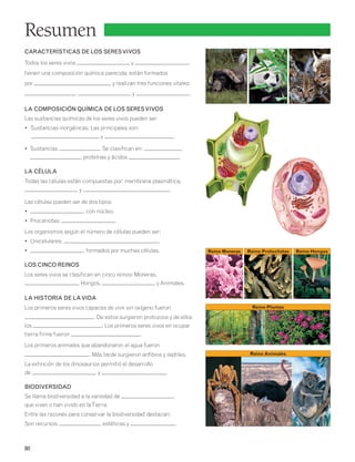 Resumen 
CARACTERÍSTICAS DE LOS SERES VIVOS 
Todos los seres vivos y , 
tienen una composición química parecida, están formados 
por y realizan tres funciones vitales: 
80 
, y . 
LA COMPOSICIÓN QUÍMICA DE LOS SERES VIVOS 
Las sustancias químicas de los seres vivos pueden ser: 
• Sustancias inorgánicas. Las principales son: 
y . 
• Sustancias . Se clasifican en: , 
, proteínas y ácidos . 
LA CÉLULA 
Todas las células están compuestas por: membrana plasmática, 
y . 
Las células pueden ser de dos tipos: 
• : con núcleo. 
• Procariotas: . 
Los organismos según el número de células pueden ser: 
• Unicelulares: . 
• : formados por muchas células. 
LOS CINCO REINOS 
Los seres vivos se clasifican en cinco reinos: Moneras, 
, Hongos, y Animales. 
LA HISTORIA DE LA VIDA 
Los primeros seres vivos capaces de vivir sin oxígeno fueron 
. De estos surgieron protozoos y de ellos 
los . Los primeros seres vivos en ocupar 
tierra firme fueron . 
Los primeros animales que abandonaron el agua fueron 
. Más tarde surgieron anfibios y reptiles. 
La extinción de los dinosaurios permitió el desarrollo 
de y . 
BIODIVERSIDAD 
Se llama biodiversidad a la variedad de 
que viven o han vivido en la Tierra. 
Entre las razones para conservar la biodiversidad destacan: 
Son recursos, , estéticas y . 
Reino Protoctistas Reino Moneras Reino Hongos 
Reino Plantas 
Reino Animales 
 