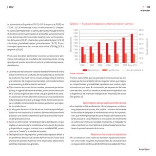 2012                                                                                                                                                                              05
                                                                                                                                                                  el sector



to alimentario en España en 2011 (+0,6 % respecto a 2010) un         Gráﬁco 1: Evolución balanza comercial sector cárnico
22,9 % (15.516 millones de euros, un descenso del 0,1 % respec-
to a 2010) correspondió a la carne y derivados, muy por encima                           5.000                                                                  350 %
de los otros sectores principales de productos que conforman la                          4.500
                                                                                                                                                                300 %
cesta de la compra del consumidor español, como son los produc-                          4.000




                                                                     Millones de euros




                                                                                                                                                                         Tasa de cobertura %
                                                                                                                                                                250 %
tos de la pesca (13,3 %), las leches y derivados lácteos (12,6 %)                        3.500
o las frutas y hortalizas frescas y transformadas (9,2 %). El con-                       3.000                                                                  200 %
sumo per cápita anual de carne se sitúa en los 52,65 kg (-0,6 %                          2.500
                                                                                                                                                                150 %
respecto a 2010).                                                                        2.000
                                                                                         1.500                                                                  100 %
Pese a que los datos sectoriales muestran un escenario opti-                             1.000
mista, motivado por los resultados del comercio exterior, no hay                                                                                                 50 %
                                                                                          500
que dejar de prestar atención al resto de problemáticas asocia-                              -                                                                   0%
das al sector:                                                                                   2006     2007     2008   2009     2010    2011 Proy-2012

                                                                                                        Exportaciones      Importaciones           Tasa de cobertura %
 La retracción del consumo nacional debido al entorno de crisis
                                                                     Fuente: Improven
 actual incrementa los productos de marca blanca y la promoción
 de productos “low cost” con la consecuente pérdida de clientes      Frente a estos retos que nos plantea el entorno actual, las em-
 y la reducción de márgenes comerciales, mermando también            presas que forman el sector cárnico español tienen que mejorar
 la innovación y la diferenciación sectorial.                        su competitividad y rentabilidad, ajustando sus costes y opti-
 El incremento de costes de los cereales, provocado por las se-      mizando sus procesos. A continuación, se exponen los factores
 quías y el auge de los biocombustibles, provocan una retracción     clave de éxito a analizar desde un punto de vista operativo tras
 de la crianza de ganado desviando una gran parte de los cana-       la experiencia de Improven trabajando en empresas del sector
 les nacionales al mercado internacional con unas condiciones        (Ver gráﬁco 3).
 más ventajosas de precio y de pago. Dicha disminución provo-
 ca un notable incremento de los costes que tienen que sopor-                                      Optimización del aprovechamiento cárnico
 tar los productores.                                                           Las mejoras en los rendimientos cárnicos suponen un ahorro
 Un alto grado de atomización del sector, la sobrecapacidad pro-                muy importante de costes, ello implica controlar diariamente
 ductiva a nivel nacional y la madurez del mercado comunitario                  en las salas de despiece el rendimiento cárnico de la produc-
 provocan una fuerte competencia que hace descender el pre-                     ción, que mide el porcentaje de carne despiezada respecto al to-
 cio del producto cárnico.                                                      tal de peso de la canal. Mediante la vinculación del rendimiento
 Existe un alto nivel de concentración de la distribución, lo que               al sistema de retribución variable implicamos al trabajador no
 implica un aumento de la resistencia al incremento de precios                  solo a mantener un nivel óptimo de productividad sino a man-
 y de pérdida de margen, más aún tras la subida del IVA, provo-                 tener el aprovechamiento de la carne.
 cado por el “miedo” a la pérdida de la venta.
 Descapitalización de pequeñas y medianas empresas debido a                                                Mejoras en los procesos operativos
 los problemas de acceso a fuentes de ﬁnanciación, lo que está                  En un sector con unos costes tan ajustados es necesario mante-
 provocando posibles fusiones entre empresas o absorciones                      ner unos niveles muy altos de productividad. Es necesario hacer
 por otras empresas más grandes.                                                un seguimiento continuo del OEE (Eﬁciencia Global del Proce-
 
