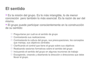 El sentido Es la misión del grupo. Es lo más intangible, lo de menor concreción  pero también lo más esencial. Es la razón de ser del mismo. El grupo puede participar conscientemente en la construcción de su sentido: Preguntarse por cuál es el sentido de grupo  Contrastando sus realizaciones Contrastando la cultura del grupo, sus preocupaciones, los conceptos que maneja, sus objetivos centrales Clarificando el control que tiene el grupo sobre sus objetivos Realizando sesiones formativas sobre el sentido del grupo Incluyendo el sentido del grupo en algunas reuniones de trabajo Escogiendo, creando y diseñando la dirección o direcciones que debe llevar el grupo. 