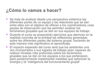 ¿Cómo lo vamos a hacer? Se trata de analizar desde una perspectiva sistémica las diferentes partes de un equipo y las relaciones que se dan entre ellas con el objetivo de ofrecer a los coordinadores unas pautas de observación que les permitan analizar los fenómenos grupales que se dan en sus equipos de trabajo.  Durante el curso se propondrán ejercicios que aterricen en la realidad concreta de la entidad las reflexiones generadas sobre las diferentes partes del sistema grupal, haciendo de esta manera más significativo el aprendizaje.  El impacto esperado del curso será que los asistentes una vez incorporados a sus lugares de trabajo sean capaces de realizar miradas más profundas sobre los fenómenos grupales que se dan en los equipos a los que pertenecen, para posteriormente implementar medidas que optimicen la sinergia y la “inteligencia del funcionamiento grupal” 