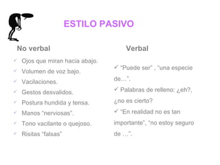 No verbal Ojos que miran hacia abajo. Volumen de voz bajo. Vacilaciones. Gestos desvalidos. Postura hundida y tensa. Manos “nerviosas”. Tono vacilante o quejoso. Risitas “falsas” Verbal “ Puede ser” , “una especie de…”. Palabras de relleno: ¿eh?, ¿no es cierto? “ En realidad no es tan importante”, “no estoy seguro de …”.  ESTILO PASIVO 