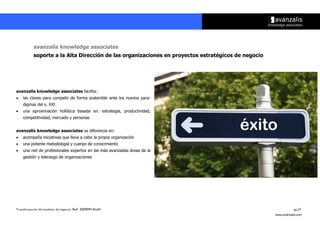 avanzalis knowledge associates
           soporte a la Alta Dirección de las organizaciones en proyectos estratégicos de negocio




avanzalis knowledge associates facilita:
    las claves para competir de forma sostenible ante los nuevos para-
    digmas del s. XXI
    una aproximación holística basada en: estrategia, productividad,
    competitividad, mercado y personas


avanzalis knowledge associates se diferencia en:
    acompaña iniciativas que lleva a cabo la propia organización
    una potente metodología y cuerpo de conocimiento
    una red de profesionales expertos en las más avanzadas áreas de la
    gestión y liderazgo de organizaciones




Transformación de modelos de negocio. Ref: 20090915ka01                                                        pg.23
                                                                                                    www.avanzalis.com
 