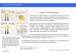ERA DEL CONOCIMIENTO




                                                                                            Economía y la era del conocimiento

                                                                     La OCDE define una economía basada en el conocimiento como ““aquella que directa-
                                                                     mente se desarrolla a partir de la producción, distribución y uso del conocimiento y la in-
                                                                     formación…… El conocimiento se está convirtiendo en un factor clave de producción, de-
                                                                     jando atrás al capital y la mano de obra poco cualificada.””

                                                                     ¿Significa esto que si una economía no está formada mayoritariamente por empresas de
                                                                     Tecnologías de la Información y Comunicaciones u otros sectores punteros ya no es
                                                                     competitiva? Muy al contrario, numerosos estudios1 demuestran que la vía de
                                                                     to para las economías avanzadas depende sobre todo de sectores clásicos como la inge-
                                                                     niería, la alimentación, el textil, el calzado, la automoción y otras industrias, más que en
                                                                     sectores radicalmente nuevos como las TICs o la biotecnología.


                                                                     En todos los modelos de negocio existen niveles funcionales donde es más crítico el uso
                                                  del talento adecuado, ya sea para definir la estrategia de negocio, para gestionar, para tomar decisiones,
Gráfica ““Evolución de los puestos de trabajo
                                                  innovar o absorber los avances del entorno, en definitiva, para avanzar.
y del tipo de trabajador en EEUU, entre 1998
y 2004””. Fuente: US Labour Office. 2004
                                                  Una consecuencia de la falta de valor en las áreas core de una organización, en las cuales debería hacerse
En 2015 y sólo en EEUU, cerca de 3,3 millo-
                                                  un uso más intensivo del conocimiento, es la imposibilidad para ser competitivo.
nes de puestos de trabajo de oficina serán
sustituidos en países de bajo coste como In-
dia, China y Rusia. Fuente: Forrester Rese-
arch 2007                                     1
                                               David, P. y Foray, D. STI Review, 16, 1996
                                              Smith, K. STEP Group. 2000
  pg.6                                                                                                            Transformación de modelos de negocio. Ref: 20090915ka01
  www.avanzalis.com
 