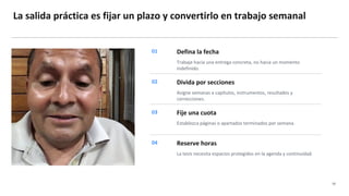 La salida práctica es fijar un plazo y convertirlo en trabajo semanal
06
01 Defina la fecha
Trabaje hacia una entrega concreta, no hacia un momento
indefinido.
02 Divida por secciones
Asigne semanas a capítulos, instrumentos, resultados y
correcciones.
03 Fije una cuota
Establezca páginas o apartados terminados por semana.
04 Reserve horas
La tesis necesita espacios protegidos en la agenda y continuidad.
 
