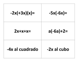 -2x(+3x)(x)= -5x(-6x)=
2x+x+x= a(-6a)+2=
-4x al cuadrado -2x al cubo
 