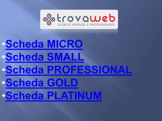 •Scheda MICRO
•Scheda SMALL
•Scheda PROFESSIONAL
•Scheda GOLD
•Scheda PLATINUM
 