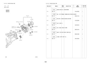 129 
FIG.33-03 EXTENSION HOUSING (MTM) 
(1111- )5F 
M5S-B9, M5S-C9 
REFER TO 
FIG 
9004A-11233(6) 
82-02 
33103 
33146 
33103R 
9004A-11229 
33257B 
33283H 
33283H 
33283T 
33283T 
33323 
3303 334476 
FIG.33-03 EXTENSION HOUSING (MTM) 
PROD_DATE MODELS 
SPEC 
CODE 
DESCRIPTION 
R 
/ 
P 
PART 
NUMBER 
O 
Y 
T 
REV_REF 
FR TO 
+----------+ 
| 33103 | HOUSING SUB-ASSY, EXTENSION(MTM) 
+----------+ 
1111 - F65#..5F 33103-BZ020- 1 
+----------+ 
| 33103R | SEAL, OIL(FOR MANUAL TRANSMISSION EXTENSION HOUSING) 
+----------+ 
1111 - F65#..5F 9004A-31014- 1 
+----------+ 
| 33146 | DEFLECTOR, EXTENSION HOUSING DUST(MTM) 
+----------+ 
1111 - F65#..5F 33146-BZ040- 1 
+----------+ 
| 33257B | PLATE, GEAR OIL 
+----------+ 
1111 - F65#..5F 35345-BZ010- 1 
+----------+ 
| 33283H | PLUG, W/HEAD STRAIGHT SCREW 
+----------+ 
1111 - F65#..5F 9004A-34010- 2 
+----------+ 
| 33283T | GASKET (FOR HEAD STRAIGHT SCREW PLUG) 
+----------+ 
1111 - F65#..5F 9004A-43006- 2 
+----------+ 
| 33323 | SLINGER, OUTPUT SHAFT OIL 
+----------+ 
1111 - F65#..5F 33467-BZ020- 1 
 