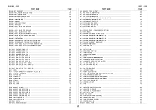 PART NAME PAGE 
BEARING - BODY 
BEARING SET, CRANKSHAFT　･･･････････････････････････････････････････････････････････74 
BEARING(FOR ALTERNATOR DRIVE END FRAME)　･･･････････････････････････････････････････112 
BEARING(FOR ALTERNATOR ROTOR)　･････････････････････････････････････････････････････112 
BEARING(FOR REAR DIFFERENTIAL CASE)　･･･････････････････････････････････････････････162 
BEARING(FOR STARTER HOUSING)　･･････････････････････････････････････････････････････115 
BEARING, CONNECTING ROD　･･･････････････････････････････････････････････････････････74 
BEARING, CRANKSHAFT　･･･････････････････････････････････････････････････････････････74 
BEARING, FRONT CLUTCH THRUST　･･････････････････････････････････････････････････････147 
BEARING, INPUT SHAFT　･･････････････････････････････････････････････････････････････131 
BEARING, NEEDLE ROLLER (FOR 2ND GEAR)　･････････････････････････････････････････････132 
BEARING, NEEDLE ROLLER (FOR 3RD GEAR)　･････････････････････････････････････････････132 
BEARING, NEEDLE ROLLER(FOR 1ST GEAR)　･･････････････････････････････････････････････132 
BEARING, NEEDLE ROLLER(FOR INTERMEDIATE SHAFT)　････････････････････････････････････150 
BEARING, RADIAL BALL(FOR COUNTER GEAR REAR)　･･･････････････････････････････････････133 
BEARING, RADIAL BOLL　･･････････････････････････････････････････････････････････････151 
BEARING, STARTER FLANGE　･･･････････････････････････････････････････････････････････115 
BEARING, TAPERED ROLLER (FOR REAR DRIVE PINION FRONT)　･････････････････････････････161 
BEARING, TAPERED ROLLER (FOR REAR DRIVE PINION REAR)　･･････････････････････････････161 
BEARING, THRUST NEEDLE ROLLER (FOR FRONT PLANETARY GEAR)　･･････････････････････････151 
BEARING, THRUST NEEDLE ROLLER (FOR INTERMEDIATE SHAFT)　････････････････････････････150 
BELT ASSY, FRONT SEAT INNER, LH　･･･････････････････････････････････････････････････286 
BELT ASSY, FRONT SEAT INNER, RH　･･･････････････････････････････････････････････････286 
BELT ASSY, FRONT SEAT OUTER, LH　･･･････････････････････････････････････････････････286 
BELT ASSY, FRONT SEAT OUTER, RH　･･･････････････････････････････････････････････････286 
BELT ASSY, REAR NO.1 SEAT, OUTER LH　･･･････････････････････････････････････････････287 
BELT ASSY, REAR NO.1 SEAT, OUTER RH　･･･････････････････････････････････････････････287 
BELT ASSY, REAR NO.2 SEAT, OUTER LH　･･･････････････････････････････････････････････287 
BELT ASSY, REAR NO.2 SEAT, OUTER RH　･･･････････････････････････････････････････････287 
BELT ASSY, REAR SEAT LAP TYPE, CENTER　･････････････････････････････････････････････287 
BELT ASSY, REAR SEAT LAP TYPE, CENTER LH　･･････････････････････････････････････････286 
BELT ASSY, REAR SEAT LAP TYPE, CENTER RH　･･････････････････････････････････････････286 
BELT, TIMING　･･････････････････････････････････････････････････････････････････････77 
BELT, V (COOLER COMPRESSOR TO CRANKSHAFT PULLEY), NO.1　････････････････････････････96 
BELT, V(FOR FAN & ALTERNATOR)　･････････････････････････････････････････････････････96 
BEZEL, SHIFTING HOLE　･･････････････････････････････････････････････････････････････226 
BLADE, FR WIPER, LH　･･･････････････････････････････････････････････････････････････335 
BLADE, FR WIPER, RH　･･･････････････････････････････････････････････････････････････335 
BLADE, RR WIPER　･･･････････････････････････････････････････････････････････････････336 
BLOCK ASSY, FUSE　･･････････････････････････････････････････････････････････････････328 
BLOCK ASSY, SHORT　･････････････････････････････････････････････････････････････････52 
BLOCK SUB-ASSY, CYLINDER　･･････････････････････････････････････････････････････････65 
BOARD SUB-ASSY, FRONT DOOR TRIM, LH　･･･････････････････････････････････････････････245 
BOARD SUB-ASSY, FRONT DOOR TRIM, RH　･･･････････････････････････････････････････････244 
BOARD SUB-ASSY, FRONT DOOR TRIM, RH　･･･････････････････････････････････････････････245 
BOARD SUB-ASSY, REAR DOOR TRIM, LH　････････････････････････････････････････････････252 
BOARD SUB-ASSY, REAR DOOR TRIM, RH　････････････････････････････････････････････････251 
BOARD, COWL SIDE TRIM, LH　･････････････････････････････････････････････････････････237 
BOARD, COWL SIDE TRIM, RH　･････････････････････････････････････････････････････････237 
BODY ASSY, THROTTLE　･･･････････････････････････････････････････････････････････････118 
BODY ASSY, TRANSMISSION VALVE　･････････････････････････････････････････････････････153 
BODY - BOX 
PART NAME PAGE 
BODY SUB-ASSY, FRONT OIL PUMP　･････････････････････････････････････････････････････140 
BOLT (FOR FRONT OIL PUMP SETTING)　･････････････････････････････････････････････････140 
BOLT (FOR STEERING KNUCKLE LH)　････････････････････････････････････････････････････185 
BOLT (FOR STEERING KNUCKLE RH)　････････････････････････････････････････････････････185 
BOLT(FOR BACKING PLATE TO REAR AXLE HOUSING SETTING)　･･････････････････････････････181 
BOLT(FOR CRANKSHAFT BEARING CAP SET)　･･････････････････････････････････････････････65 
BOLT(FOR CRANKSHAFT PULLEY SET)　･･･････････････････････････････････････････････････75 
BOLT(FOR CYLINDER HEAD COVER)　･････････････････････････････････････････････････････59 
BOLT(FOR CYLINDER HEAD SET SUB)　･･･････････････････････････････････････････････････58 
BOLT(FOR CYLINDER HEAD SET)　･･･････････････････････････････････････････････････････58 
BOLT(FOR DRIVE PLATE & TORQUE CONVERTER SETTING)　･･････････････････････････････････140 
BOLT(FOR FLYWHEEL)　････････････････････････････････････････････････････････････････75 
BOLT(FOR FRONT DISC BRAKE CYLINDER SLIDE)　･････････････････････････････････････････180 
BOLT(FOR FRONT SUSPENSION LOWER ARM NO.1 LH)　･･････････････････････････････････････186 
BOLT(FOR FRONT SUSPENSION LOWER ARM NO.1 RH)　･･････････････････････････････････････185 
BOLT(FOR FRONT SUSPENSION LOWER ARM NO.2 LH)　･･････････････････････････････････････186 
BOLT(FOR FRONT SUSPENSION LOWER ARM NO.2 RH)　･･････････････････････････････････････185 
BOLT(FOR HEAD TO CAMSHAFT BEARING CAP)　････････････････････････････････････････････59 
BOLT(FOR WATER PUMP COVER)　････････････････････････････････････････････････････････85 
BOLT, BACK DOOR STAY　･･････････････････････････････････････････････････････････････260 
BOLT, BATTERY CLAMP　･･･････････････････････････････････････････････････････････････290 
BOLT, BRAKE PEDAL STOP, NO.1　･･････････････････････････････････････････････････････176 
BOLT, CONNECTING ROD　･･････････････････････････････････････････････････････････････75 
BOLT, EXHAUST PIPE SUPPORT　････････････････････････････････････････････････････････102 
BOLT, FILTER　･･････････････････････････････････････････････････････････････････････82 
BOLT, FRONT SUSPENSION MEMBER MOUNTING　････････････････････････････････････････････193 
BOLT, HEXAGON(FOR DRIVE PLATE SETTING)　････････････････････････････････････････････140 
BOLT, HEXAGON(FOR FRONT DISC BRAKE CALIPER)　･･･････････････････････････････････････180 
BOLT, HUB (FOR FRONT AXLE LH)　･････････････････････････････････････････････････････167 
BOLT, HUB (FOR FRONT AXLE RH)　･････････････････････････････････････････････････････167 
BOLT, HUB (FOR REAR AXLE)　･････････････････････････････････････････････････････････164 
BOLT, INSTRUMENT PANEL　････････････････････････････････････････････････････････････209 
BOLT, MAGNET CLUTCH SETTING　･･･････････････････････････････････････････････････････363 
BOLT, NO.1 (FOR PROPELLER SHAFT & DIFFERENTIAL SETTING)　･･･････････････････････････157 
BOLT, REAR DIFFERENTIAL BEARING CAP　･･･････････････････････････････････････････････161 
BOLT, ROUND HEAD SQUARE NECK(FOR FRONT BUMPER)　････････････････････････････････････195 
BOLT, ROUND HEAD SQUARE NECK(FOR REAR BUMPER)　･････････････････････････････････････196 
BOLT, SHIFT LEVER HOUSING SET　･････････････････････････････････････････････････････138 
BOLT, STEERING LOCK SET　･･･････････････････････････････････････････････････････････169 
BOLT, STUD　････････････････････････････････････････････････････････････････････････99 
BOLT, UNION(FOR FRONT FLEXIBLE HOSE)　･･････････････････････････････････････････････184 
BOLT, UNION(FOR OIL COOLER)　･･･････････････････････････････････････････････････････156 
BOLT, UNION(FOR OIL FILTER BRACKET)　･･･････････････････････････････････････････････82 
BOLT,STUD(FOR OIL PUMP)　･･･････････････････････････････････････････････････････････80 
BOOSTER ASSY, BRAKE　･･･････････････････････････････････････････････････････････････178 
BOOT, BUSH DUST(FOR FRONT DISC BRAKE)　･････････････････････････････････････････････180 
BOOT, CONTROL SHAFT DUST　･･････････････････････････････････････････････････････････136 
BOOT, FRONT DISC BRAKE CYLINDER　･･･････････････････････････････････････････････････180 
BOOT, STEERING RACK, NO.1　･････････････････････････････････････････････････････････172 
BOX ASSY, CONSOLE, REAR　･･･････････････････････････････････････････････････････････226 
17 
 