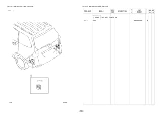 234 
FIG.61-55 REAR VENTILATOR & ROOF VENTILATOR 
(1111- ) 
62940C 
6155 614032 
FIG.61-55 REAR VENTILATOR & ROOF VENTILATOR 
PROD_DATE MODELS 
SPEC 
CODE 
DESCRIPTION 
R 
/ 
P 
PART 
NUMBER 
O 
Y 
T 
REV_REF 
FR TO 
+----------+ 
| 62940C | DUCT ASSY, QUARTER VENT 
+----------+ 
1111 - F65# 62930-BZ030- 6 
 