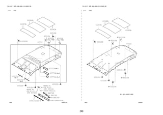 240 
FIG.64-52 ROOF HEADLINING & SILENCER PAD 
―　―　―　―　―　―　―　―　―　―　―　―　―　―　―　―　―　―　―　―　―　―　―　―　―　―　―　―　―　―　―　―　―　― 
(1111- )F651 
63310H 
63342A 
63310H 
63352D 63352D 
67771A 
67771A 
67771A 
REFER TO 
FIG 
87-15 
63310 
63342A 
63357B 
63310H 
63310D 
63310D 
REFER TO (PNC 88611A) 
FIG 
87-15 
(PNC 84732H) 
63317A 
63317A 
63310D 
93269-54012(2) 
88570F 
88570F 
88570F 
62961-BZ010-B1 88573-BZ010-B1 
6452 642937-A 
FIG.64-52 ROOF HEADLINING & SILENCER PAD 
(1111- )F650 
63342A 
63310 
63342A 
63357B 
63310H 
63310D 
63310D 
63310H 
63310H 
63310D 
63310H 
63310H 
6452 642939 
 