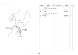 242 
FIG.65-54 REAR BODY SIDE PANEL 
(1111- ) 
651098-B 
6655663378 
90041-79134 
90041-20011 
90044-68320 
9004A-46323 
FIG.65-54 REAR BODY SIDE PANEL 
PROD_DATE MODELS 
SPEC 
CODE 
DESCRIPTION 
R 
/ 
P 
PART 
NUMBER 
O 
Y 
T 
REV_REF 
FR TO 
+----------+ 
| 65637 | LINER, REAR WHEEL HOUSE, RH 
+----------+ 
1111 - 1204 F65# 65637-BZ160- 1 
1205 - F65# 65637-BZ161- 1 
+----------+ 
| 65638 | LINER, REAR WHEEL HOUSE, LH 
+----------+ 
1111 - 1204 F65# 65638-BZ160- 1 
1205 - F65# 65638-BZ161- 1 
 